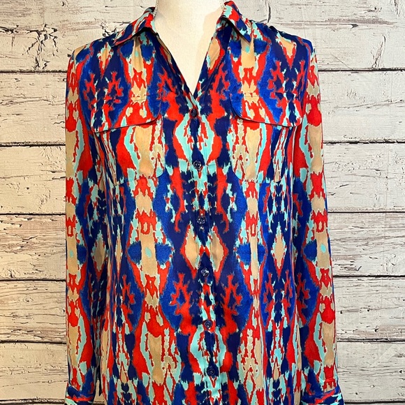 JONES NY "Signature" Lightweight Red, Blue, Tan Ikat Silky Pajama Set-Small - Picture 2 of 4